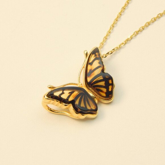Natural Baltic Amber Butterfly Pendant Necklace in 14k Gold Plate - Picture 3 of 5